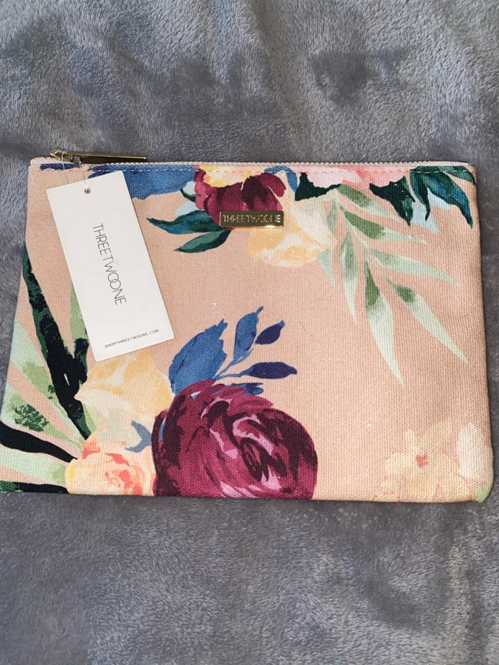 Three Two One  cotton Floral Zip Pouch - Peach Pink with Burgundy Blooms‎ NWT